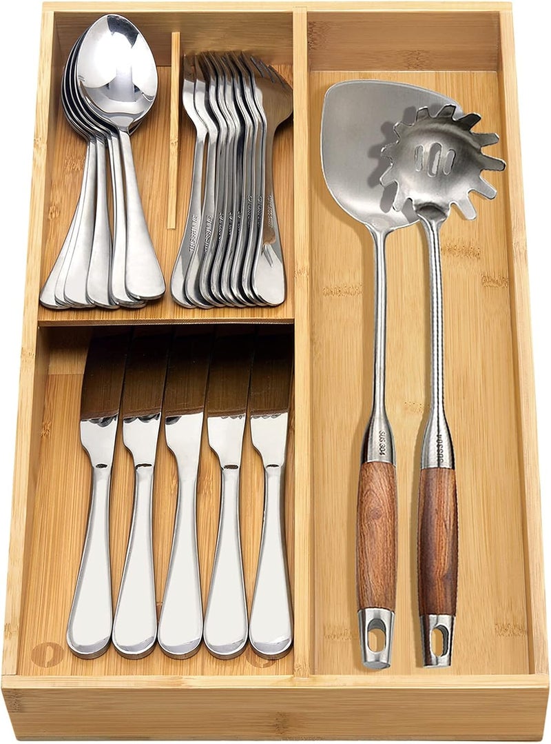 guiogc Bamboo silverware tray organizer, Utensil Holder and Cutlery Tray for Drawer, Kitchen Drawer Organizer Divider for Spoons Forks Knives - Image 5
